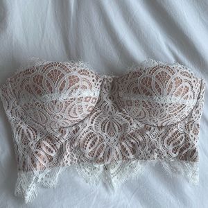 White/tan lace bustier crop top